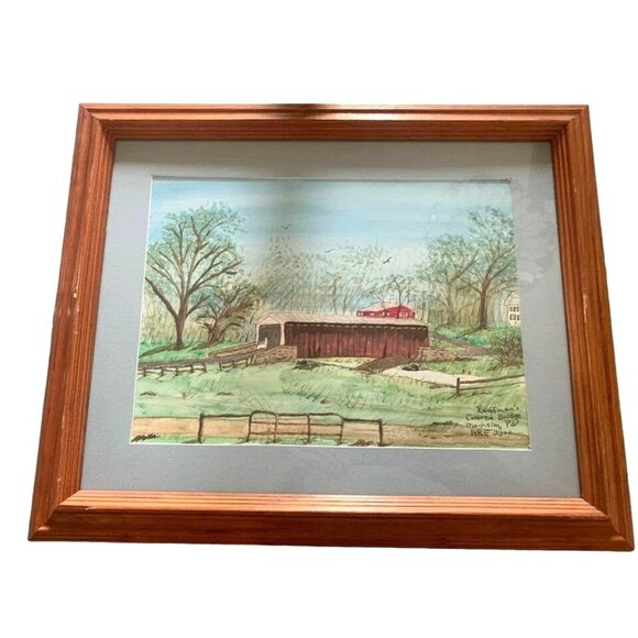 Watercolor Kauffman Covered Bridge Framed Picture Signed by Anna Ruth Enders 200 - Picture 1 of 7
